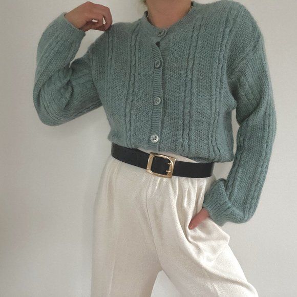 Vintage L.L. Bean Sage Green Mohair Cable Knit Cardigan Sweater - Picture 11 of 13